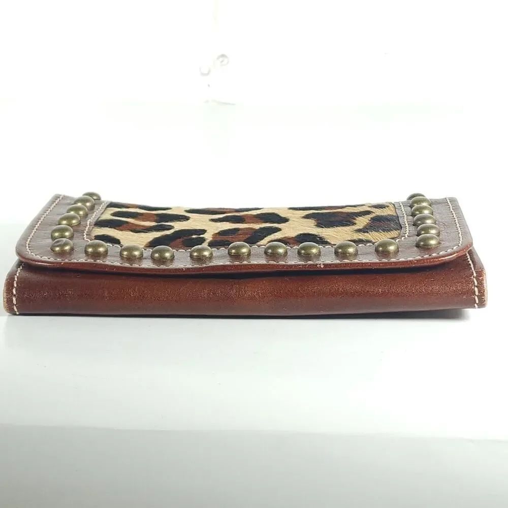 American West Leather Cowhide Leopard Print Studded Zipper Trifold Wallet - Picture 5 of 14